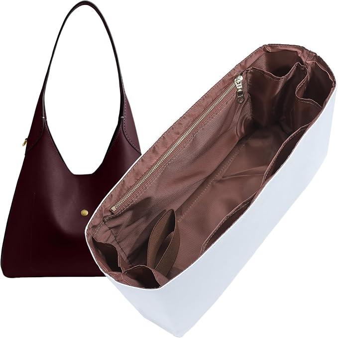 Purse Organizer Insert for Coach Brooklyn 39 | 9 Pockets with YKK Side Zipper & Elastic Water Bottle Holder | Waterproof Tyvek Bag Organizer for Coach Brooklyn Tote/Shoulder Bag(39, White-Brown) by Doxo