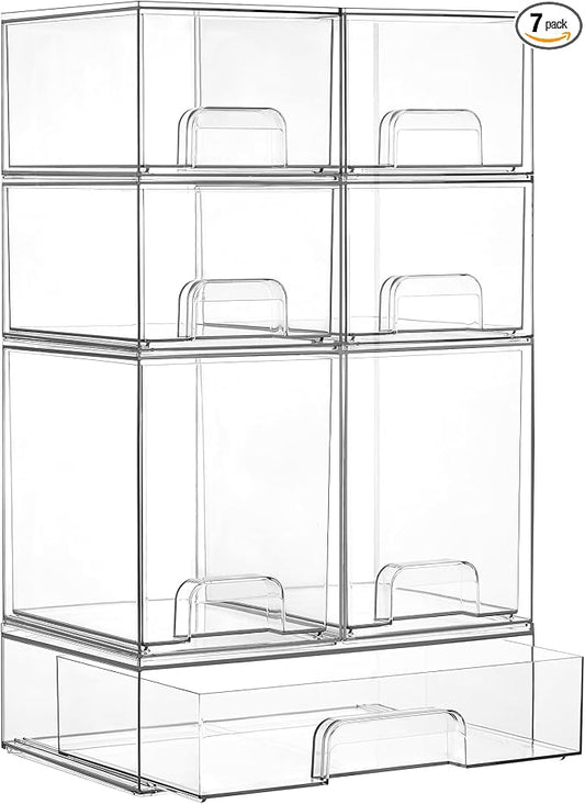 Vtopmart Clear Stackable Storage Drawers Set of 7, Plastic Organizer Bins | Multi-purpose Boxes for Baby Bottle Storage, Ideal for Kichen, Vanity, Bathroom, Undersink, Cabinet, Pantry Organization by Vtopmart