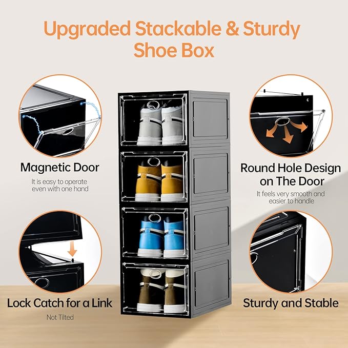12 Pack Shoe Storage, Stackable Shoe Organizer, Clear Shoe Boxes for Closet | Plastic Shoe Containers with Magnetic Door, Sturdy Sneaker Storage Organizer, Shoe Cabinet Fit up to US Size 12 - Image 5
