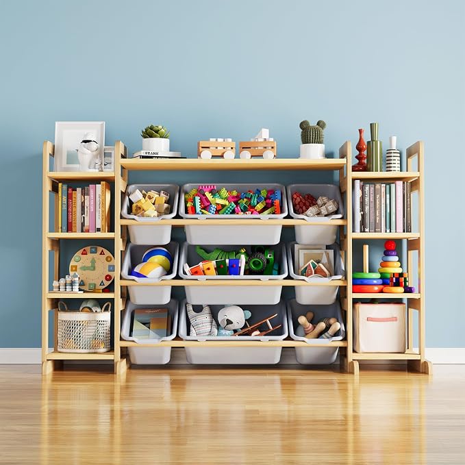 SpaceAid Large Toy Storage Organizer 9 Shelves 9 Bins, Toy Organizers Storage Bookshelf, Kids Bin Shelf Toys Box Bookcase for Bedroom Playroom Organization Room Decor, Neutral Gray by SpaceAid