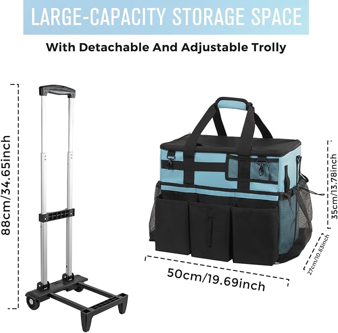 SCAVATA Rolling Cleaning Caddy Bag with Detachable Trolley, Large Cleaning Supplies Organizer with Wheels, Multi Pocket Cleaning Cart with Adjustable Shoulder Strap for Housekeepers & Home, SkyBlue - Image 5