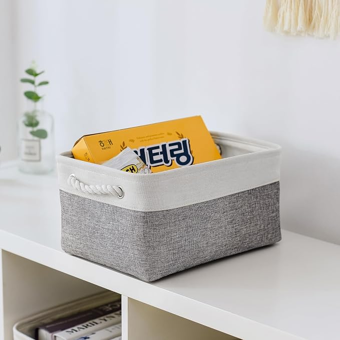 Storage Bins for Shelves - 13.8L×9.8W×6.7H inch 3 Pack Medium Collapsible Storage Baskets for Organizing | Fabric Storage Cubes for Linen Closet Toy Home (White&Grey) - Image 6