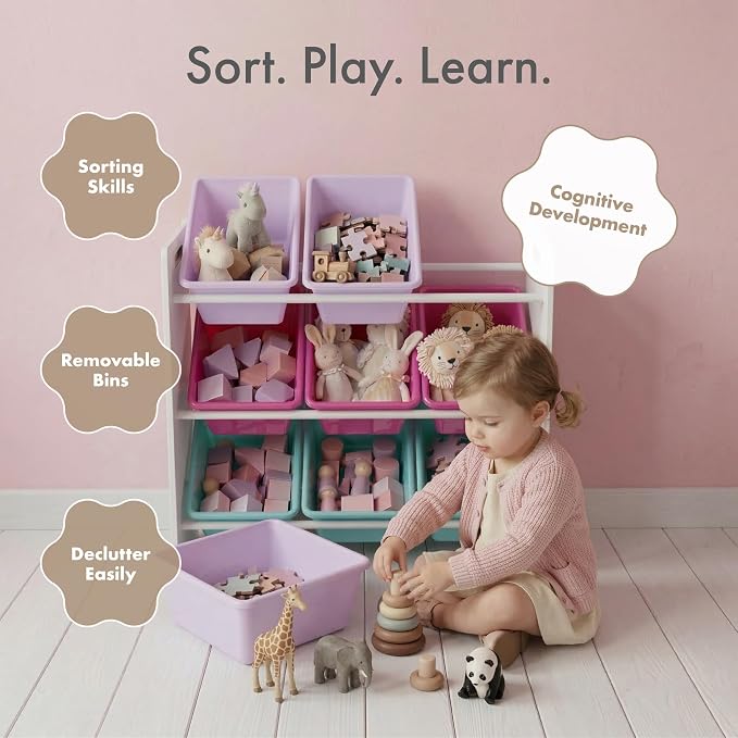 Humble Crew Kids Toy Organizer with 9 Bins, 3 Tier Storage for Playroom | Sturdy wood and steel toddler shelf, removable BPA-free containers, wall anchor anti-tip safety kit for bedroom or classroom - Image 6