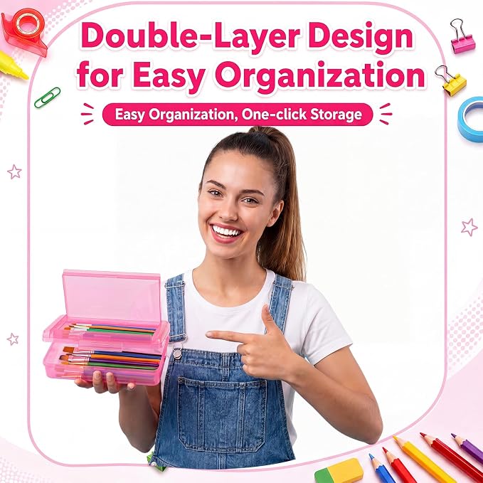12 Pack Double Layer Large Pencil Box, Clear Plastic Hard Pencil Case with Snap Lid, School Supply Organizer Box for School Office Classroom Home Supplies(Classic Colors) - Image 4
