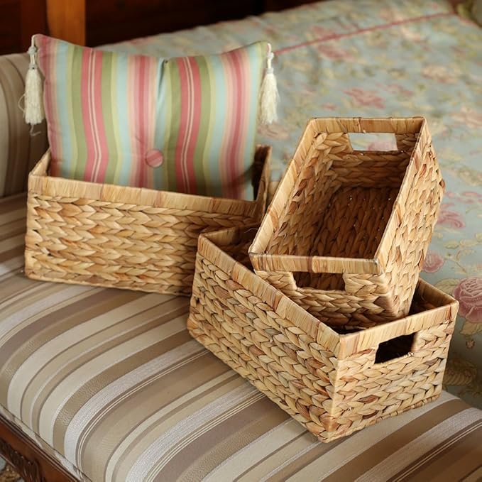 Storage Baskets,Woven Natural Water hyacinth Box with Handle,Kingwillow.(Set of 3) - Image 7