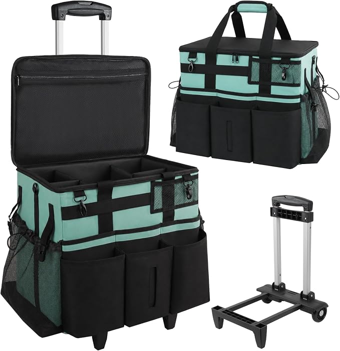 SCAVATA Rolling Cleaning Caddy Bag with Detachable Trolley & Wheels | Large Cleaning Supply Organizer, Portable Multi-Pocket Cleaning Cart for Housekeeper, Adjustable Shoulder Strap, CyanBlue by Tidyyourlife