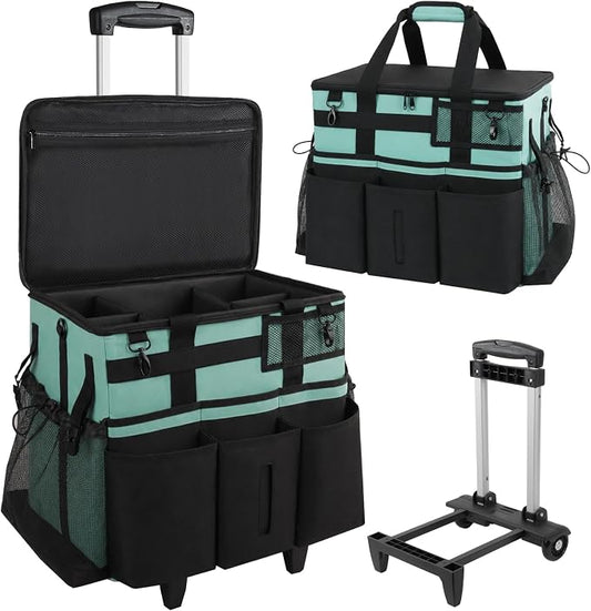 SCAVATA Rolling Cleaning Caddy Bag with Detachable Trolley & Wheels | Large Cleaning Supply Organizer, Portable Multi-Pocket Cleaning Cart for Housekeeper, Adjustable Shoulder Strap, CyanBlue by Tidyyourlife