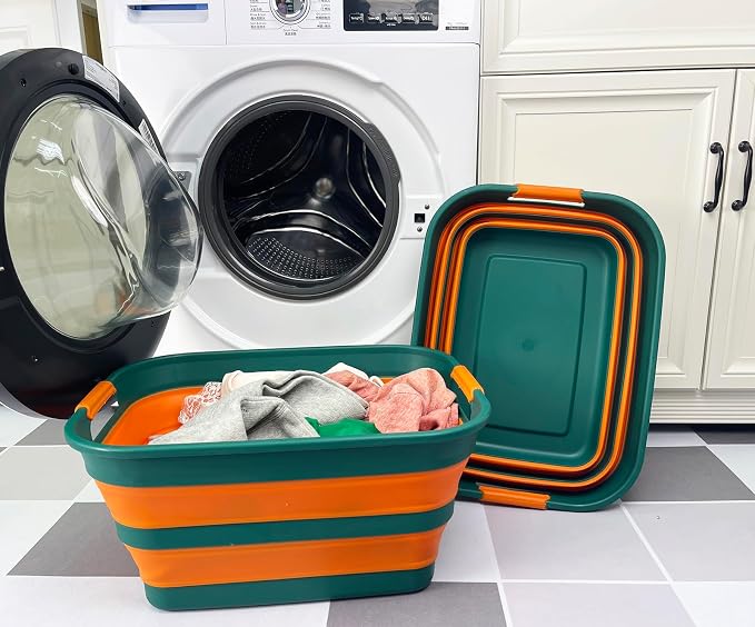 SAMMART Collapsible Plastic Laundry Basket with Handle/Foldable Pop Up Storage Hamper/Portable Laundry Organizer-Space Saving Washing Tub/Household Storage (Teal Green/Autumn leaf, 27L (Set of 2)) - Image 2