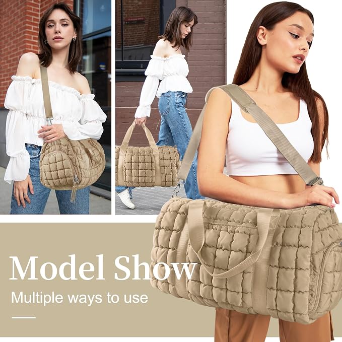 Quilted Travel Duffle Bag Gym Bag for Women,Large Puffer Duffle Weekender Bag with Compartment,Workout Overnight Carry on Organizer Bag Duffle Bag for Airplane Travel(L-Khaki) - Image 3