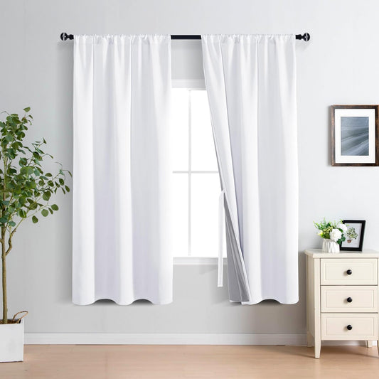 XWZO White Blackout Curtains with Tiebacks - Heat and Full Light Blocking Window Panels for Bedroom/Nursery, 63 Inches Long Rod Pocket Thermal Insulated Draperies, White, W38 x L63, Set of 2