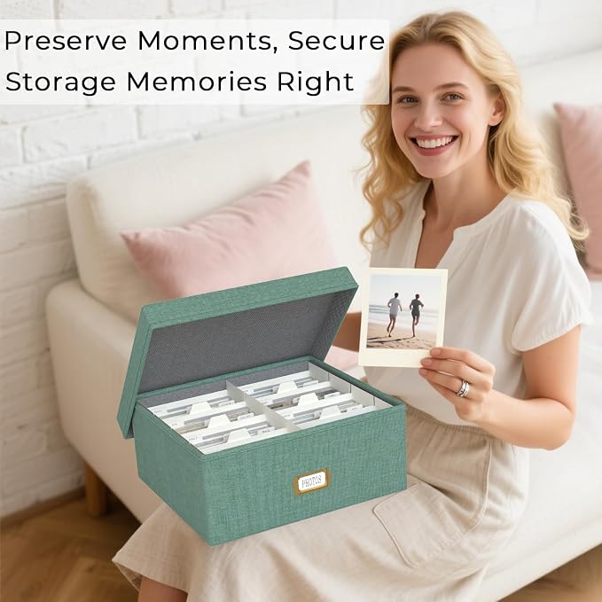 Decorative Photo Storage Box, 2 Pack Linen Photo Box Hold 1700 4x6 Pictures | Photo Storage Containers with 8 Dividers, Memory Keepsake Organizer for Photos, Scrapbook Supplies, Cards, Stamps, Green - Image 5