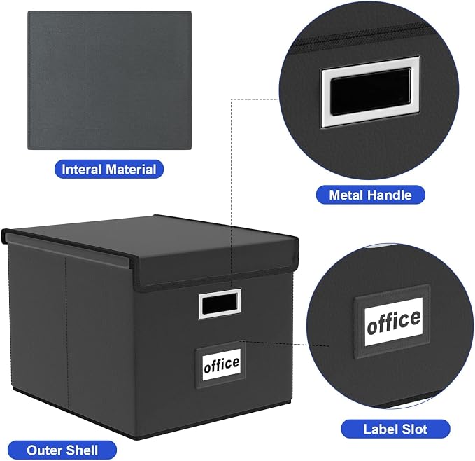 File Organizer Box with Lids, Collapsible File Folder Organizer | File Box with Plastic Slides for Document, Filing Bin for Letter Size Hanging File Folders (2 Pack, Black, Leather) - Image 4