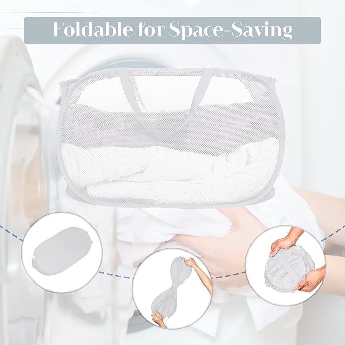 4 Pack Collapsible Laundry Baskets, Foldable Laundry Basket with Pocket, Durable Pop Up Hampers, Reinforced Handles Dirty Clothes Hamper for Laundry, Bedroom, Bathroom, Dorm, Travel or Camping White - Image 4