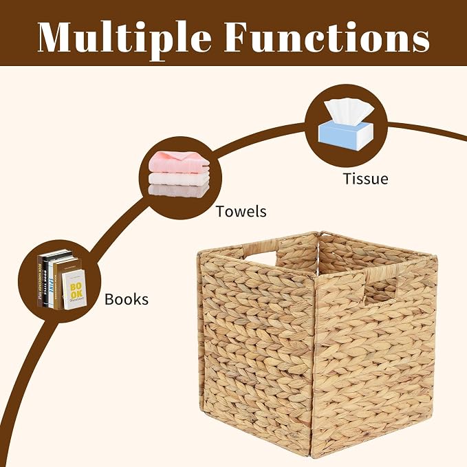 Wicker Storage Baskets, Foldable Cube Bins, 11.2 Inch, 4-Pack | 4-pack foldable 11.2" water hyacinth wicker cube baskets; collapsible storage bins for shelves, closets, offices and home. - Image 3