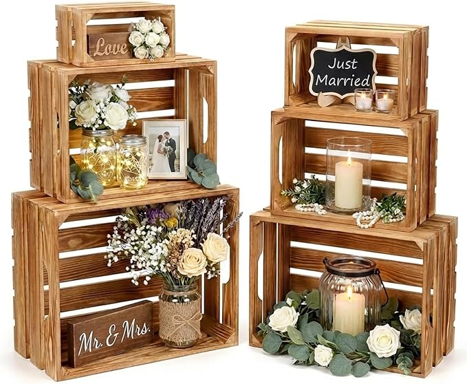 Set of 6 Decorative Wood Crates for Display, 6 Size Farmhouse Wooden Baskets Rustic Nesting Crates Decor Boxes with Handle for Storage, Container, Display, Christmas Decorations by Unknown