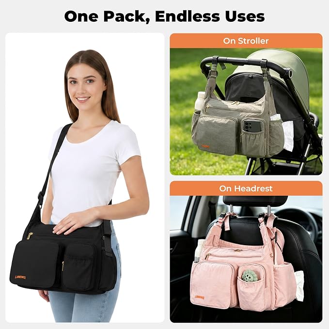 Puffy Crossbody Diaper Bag, 2-in-1 Stroller Caddy & Mom Purse, 13L Lightweight Travel Duffle Bag for Baby, Work Commute, Gym, Labor Delivery (Black) - Image 4