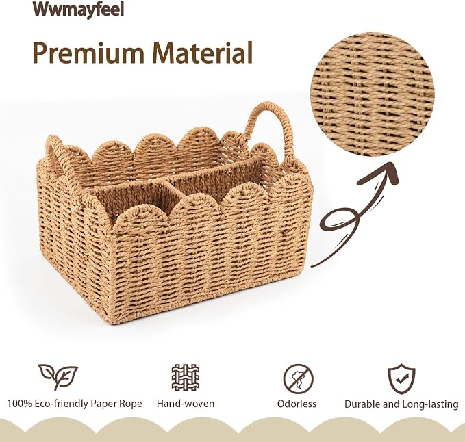 Diaper Caddy Organizer, Paper Rope Storage Baskets Nursery Bin with Removable Divider, Woven Scalloped Portable Car Organizer for Diapers, Baby Shower Gifts, Newborn Essentials Must Haves - Image 2