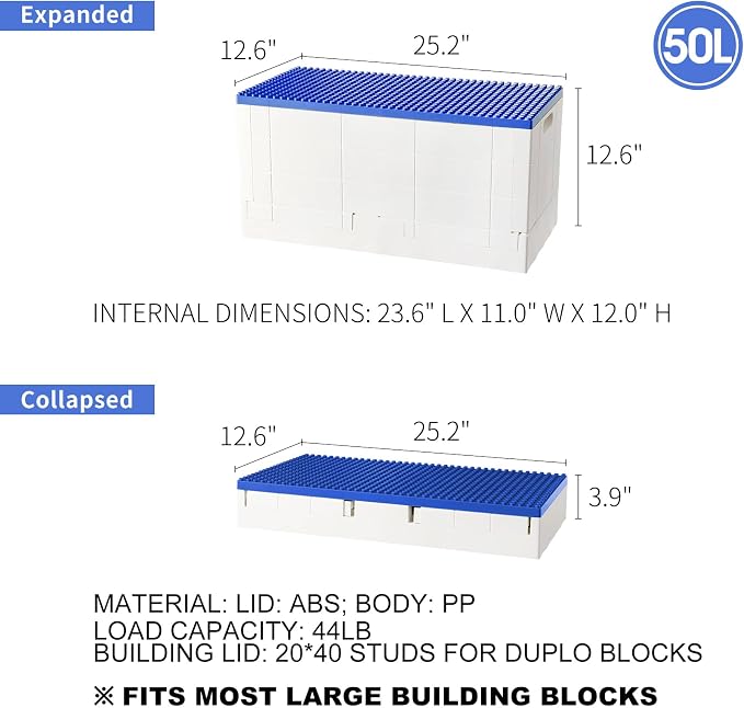 53 Qt. Folding Storage Box with Large Building Lid for Lego Duplo Blocks, 13 Gallon Collapsible Organizer for Lego Bricks (Blue) - Image 3