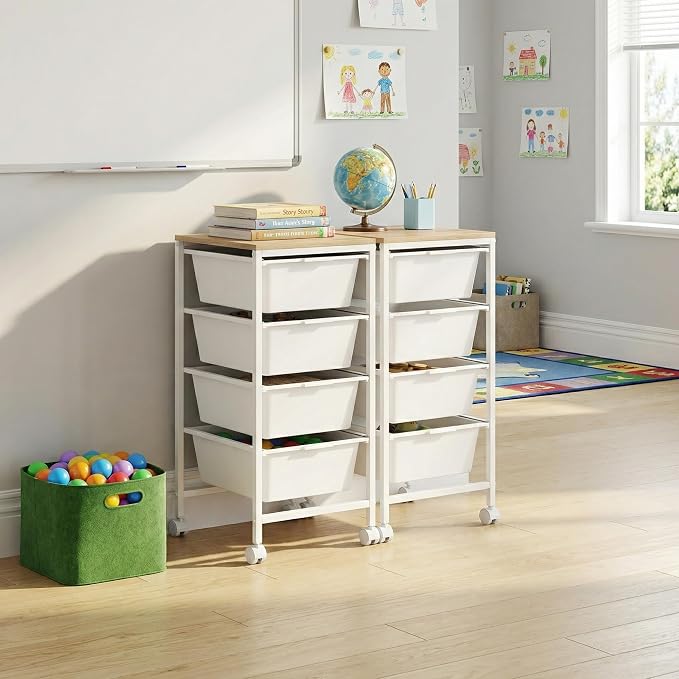 Rolling Storage Cart with 4 Drawers, Plastic Craft Organizer on Wheels with Wooden Top, Mobile Art Supply Utility Cart for Classroom, Home, Office - Image 8
