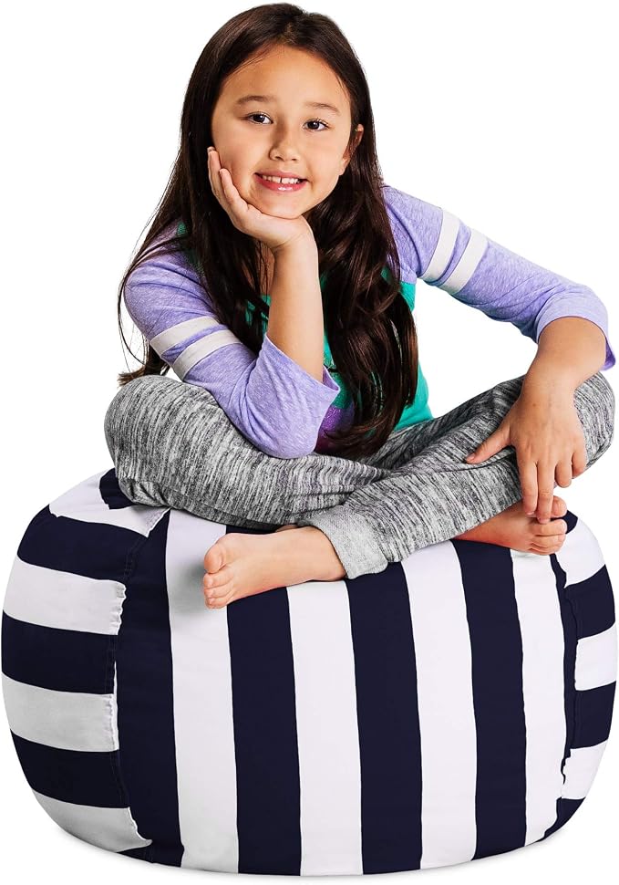 Posh Stuffable Kids Stuffed Animal Storage Bean Bag Chair Cover - Childrens Toy Organizer, Medium 27" - Canvas Stripes Blue and White by PoshCreations