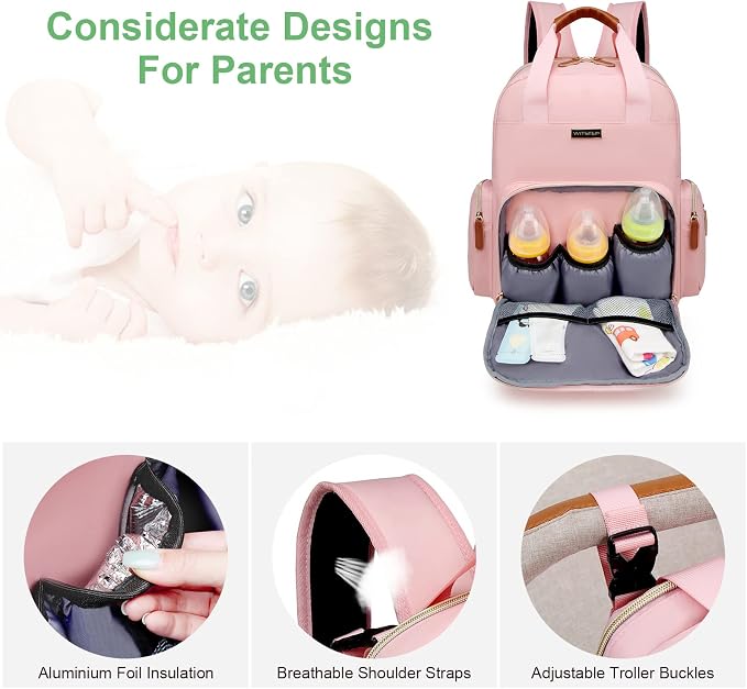 Diaper Bag Backpack with Changing Station, Baby Diaper Organizer Travel Bag | Large Capacity Diaper Bag for Moms Dads - Fold Out Changing Pad, Insulated Pockets, Stroller Straps, Baby Eessentials - Image 4