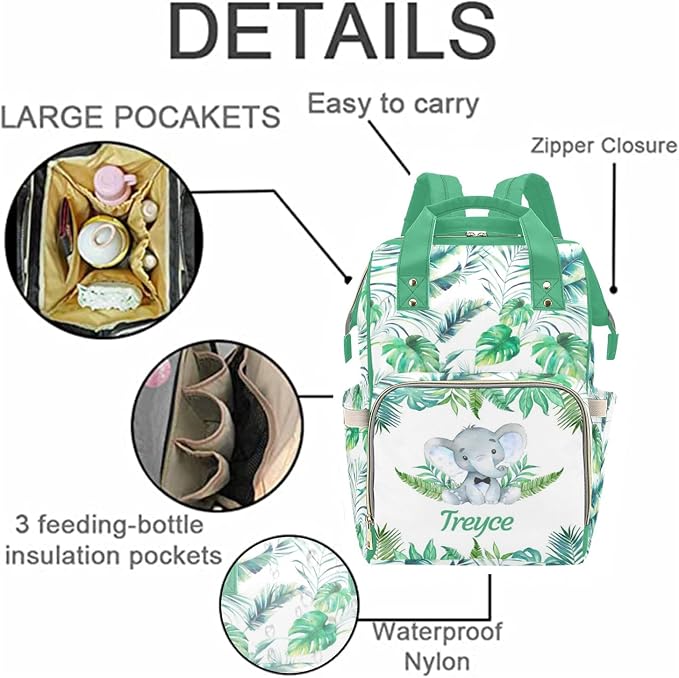 Custom Diaper Bag with Name Personalized Elephant Leaf Nylon Travel Backpack for Holiday Travel Customized Nappy Changing Bag with Pockets for New Mom - Image 5