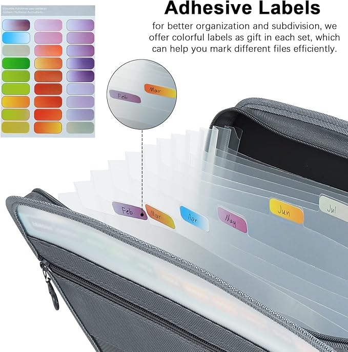 NAFY Expanding File Folders, 13 Pockets Document Organizer with Zipper, A4 Letter Size Portable Accordion Expanding File Folders with Multicolor Labels for Home Office School Supplies (Black 4 Pack) - Image 5