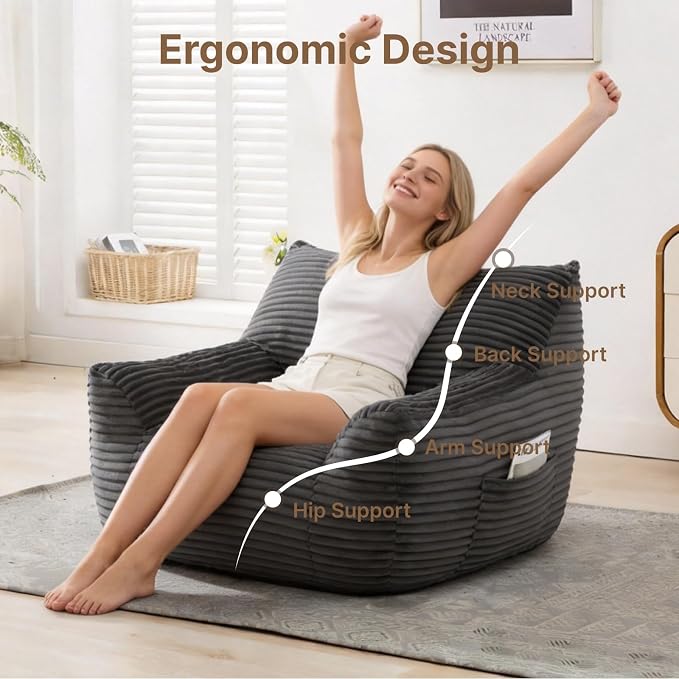 Bean Bag Chair for Adults & Kids, Giant Bean Bag Sofa with Side Pocket, Corduroy Beanbag Chair with Armrests, Comfy Stuffed Floor Sofa for Living Room Bedroom Dorm, Gray - Image 5