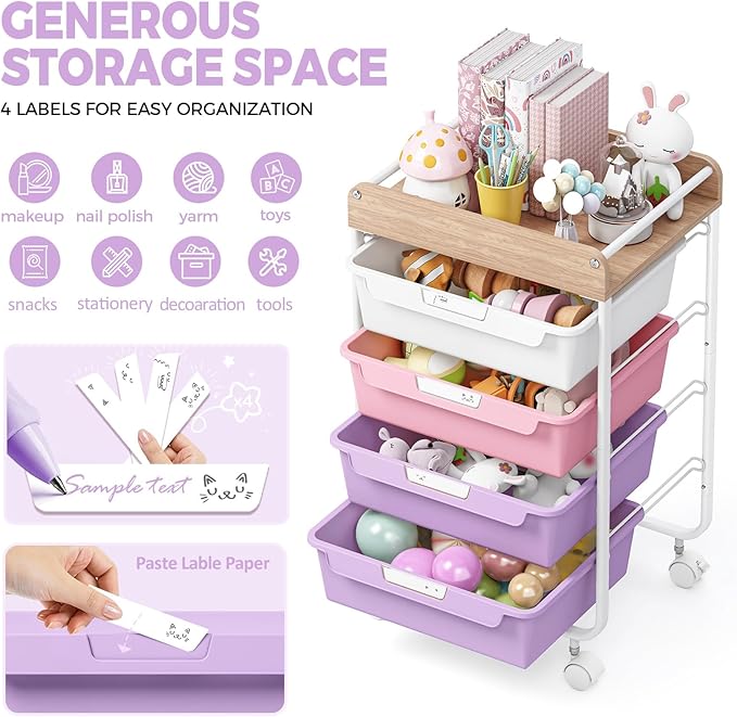 SYKIARIOL Rolling Storage Utility Cart with 4 Drawers,Art Cart,Purple | Kids Craft Cart,Makeup Organizer and Storage with Wooden Tabletop - Image 3