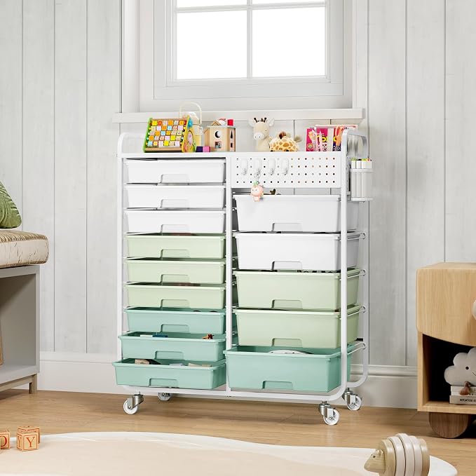 14 Drawer Rolling Storage Cart with Tabletop and Pegboard for Crafts Green | Easy Setup, Large Capacity, Sturdy Build, Smooth Mobility, For classroom, office and dorm supplies - Image 2