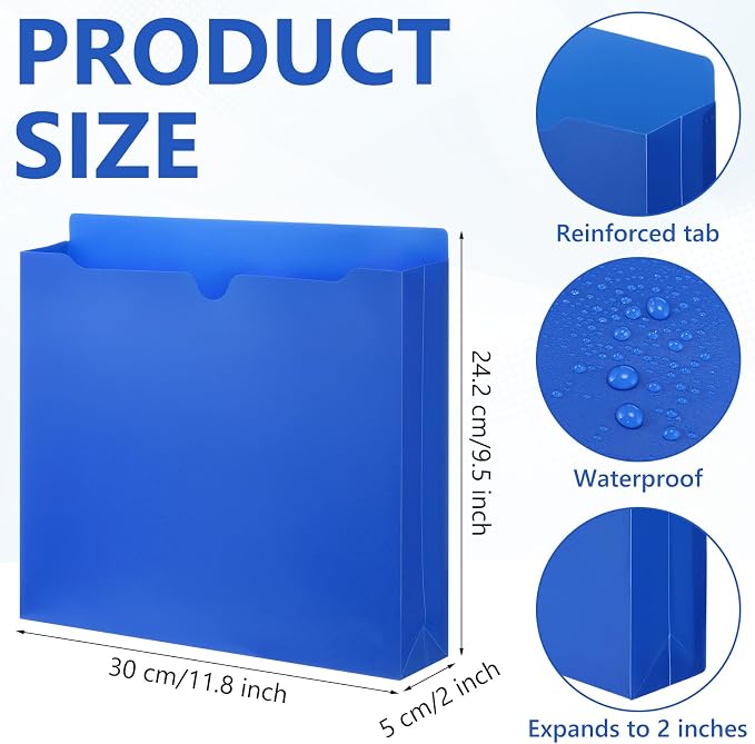 Dunzoom 50 Pack File Jackets Letter Size 2 Inch Blue Expansion Manila Plastic File Folders Expandable Heavy Duty Reinforced Straight Cut Tab Expandable Document Jacket for Office - Image 2