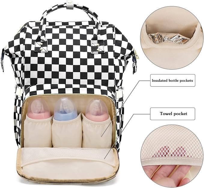 MCWTH Checkered Diaper Bag Backpack Set for Baby Girls Mom, Large Capacity Multi-Function Nappy Bags Organizer - Image 3