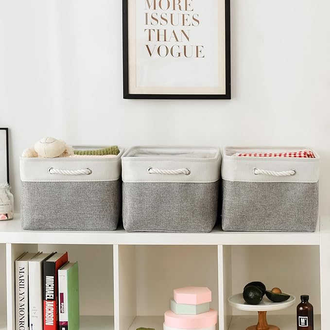 Storage Baskets for Organizing, X Large - 3 Pack 17.7L×13.8W×9.8H in Foldable Storage Bins for Shelves, Fabric Storage Box for Closet Nursery Toy Gift (White & Grey) - Image 6