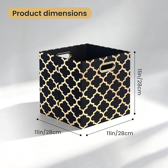 Posprica 11x11x11 Storage Cube Bins, Collapsible Storage Bins Fabric Storage Cubes Organizer Baskets Box Drawers for Shelves, Closet, Wardrobe, Bookshelf, Cabinet (Set of 4, Black/Gold lantern) - Image 2