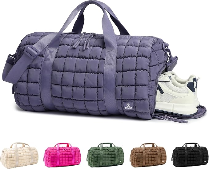 Quilted Gym Bag for Women,Duffle Bag for Travel with Wet Pocket,Carry on Weekender Bags for Women,Travel Bag with Shoe Compartment(Purple) by DOYOGI