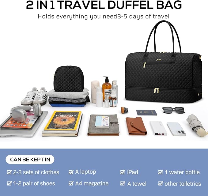 Travel Weekender Bags for Women - Duffle Bag Women with Shoe Compartment Carry On Overnight Bag with Toiletry Bag Duffel Bags with Wet Pocket for Gym Hospital Bags Black for College - Image 4