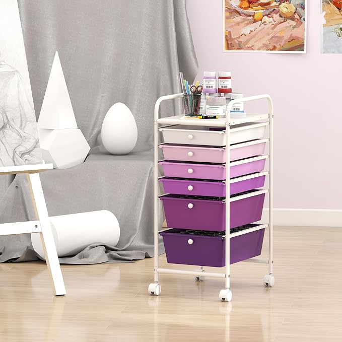 Giantex 6 Storage Drawer Cart Rolling Organizer Cart for Tools Scrapbook Paper Home Office School Multipurpose Mobile Utility Cart, Purple Gradient - Image 5