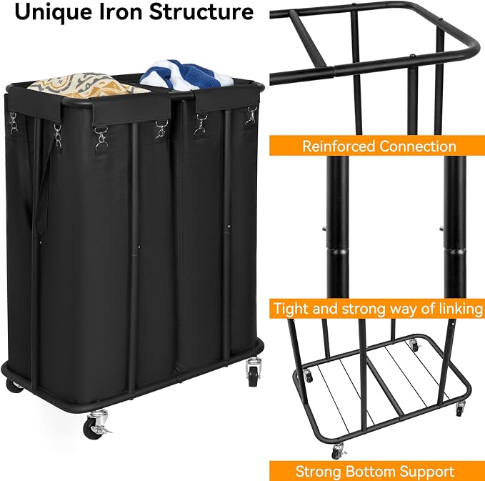 WOWLIVE Double Laundry Hamper with Wheels, 170L Rolling Laundry Basket | 2 Section Laundry Hamper, Laundry Cart with Steel Frame, Removable Bags, Large Dirty Clothes Hamper Dorm Room Storage, Black - Image 5