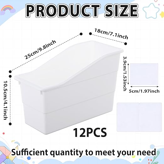 gisgfim 12 Pack Large Book Bins with Labels (White) | Durable Plastic,Stackable Magazine Organizer,Storage Bins for Classroom,Library,Office,Bookshelf Categorization - Image 2