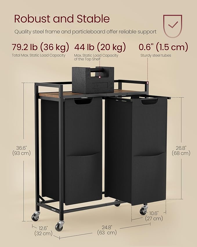 VASAGLE Laundry Sorter, 29 Gal. (110 L) Laundry Hamper Basket with 2 Compartments, Rolling Cart with Wheels, Shelf, Removable Bags, Pockets, Ink Black and Rustic Brown UBLH021B01 - Image 6