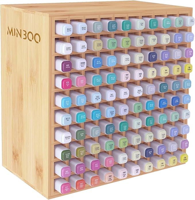 MinBoo Art Marker Storage Organizer for 100 Markers, Bamboo Art Supply Rack, Pens Color Pencils Paint Brushes Stationary Organizer Holder for Home Classroom Office Desk Decor by MinBoo