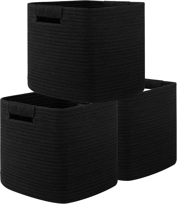 OIAHOMY Storage Cubes 11 Inch Storage Bins-3-Pack, Cotton Rope Woven Baskets for Organizing, Square Storage Baskets for Shelves Organizer, Classroom, Kids Toy Bins, Closet, Baby Nursery-Black by MasterofSpaceOptimization