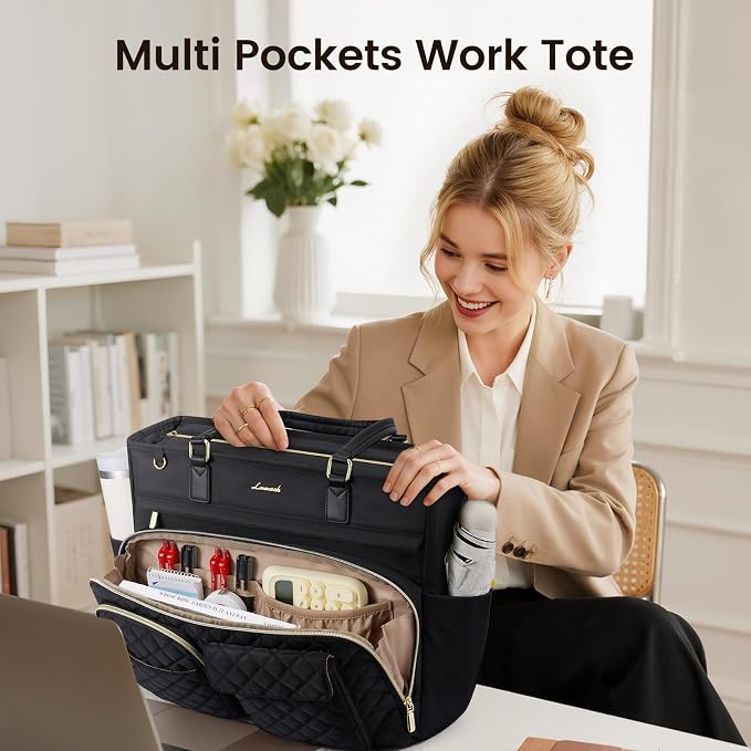 LOVEVOOK Tote Bag, Work Bags for Women with Large Cup Holder, Large Capacity Teacher Tote with Multi Pockets, Water Resistant Nurse Diaper Tote with Padded Laptop Compartment, 17.3 Inch Black - Image 2