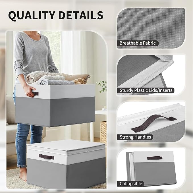 2 Pack EXTRA LARGE Blanket Storage Baskets with Lids, 22”x16”x12” Closet Organizers Bins for Clothes Towel/ Storage Box with Lid Handles/ Stackable Decorative Fabric Bins for Living Room, Nursery - Image 6
