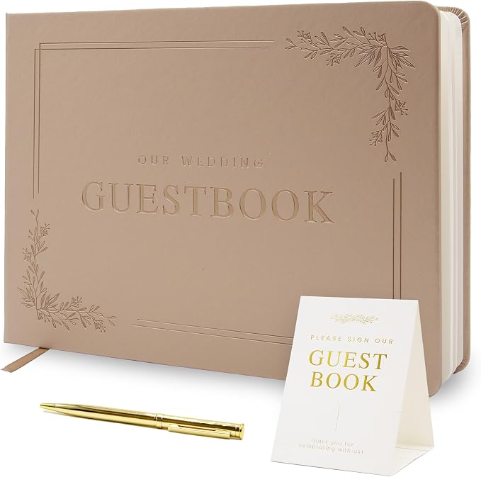 Floral Embossed Wedding Guest Book Set - 9 x 7.5 Hardcover Guestbook for Wedding Reception Sign in, Messages, Bridal Shower Engagement Party (Champagne Gold) by ModernAlbumDesigns