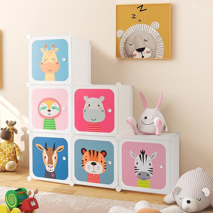 HONEY JOY Kids Wardrobe Closet, Baby Cartoon Clothes Storage Organizer, 8 Cubes & 2 Hanging Sections, Portable Children DIY Modular Bedroom Armoire Dresser Cabinet for Boys Girls (White) - Image 9
