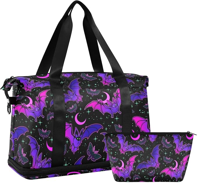 Travel Duffel Tote Bag Purple Bat Gothic Sports Duffel Bag with Wet Pocket Weekender Overnight Bag for Women Men Gym Bag, Carry On Bag Hospital Bag for Labor and Delivery - Image 7