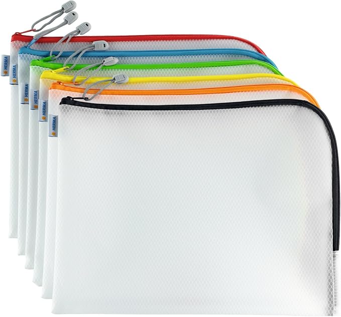 HERMA 20013 Zip Document Bag A4, Pack of 10, Transparent (36 x 28 cm) Large Zippered mesh Pouch with Zipper for Laptop, Tablet, Books, Papers, Toys, Clear Storage Wallet with Zipper, Assorted Colours by HERMA