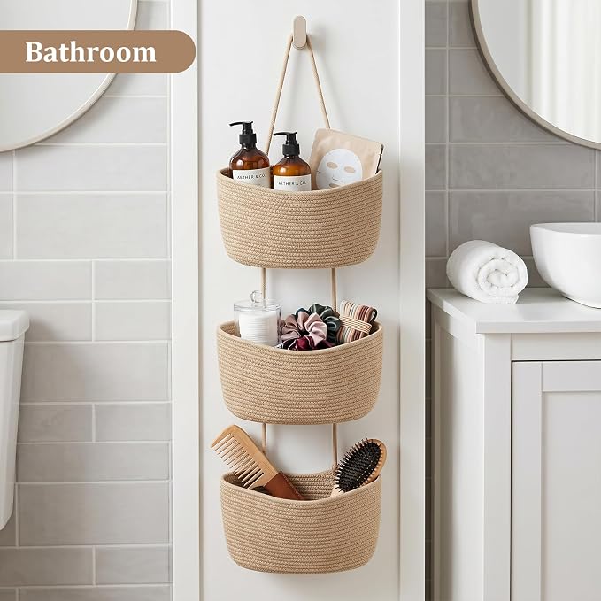 TeoKJ Over the Door Hanging Basket, 3-Tier Woven Cotton Wall-Mounted Storage Organizer Bag Decorative Hanging Nursery Baskets, Jute - Image 7