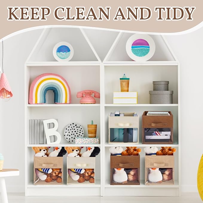 Marsui 12 Pcs Clear Cube Storage Bins Brown Collapsible Kids Storage Bins Fabric Classroom Organizer with Window for Kid Playroom Room Daycare Nursery - Image 4